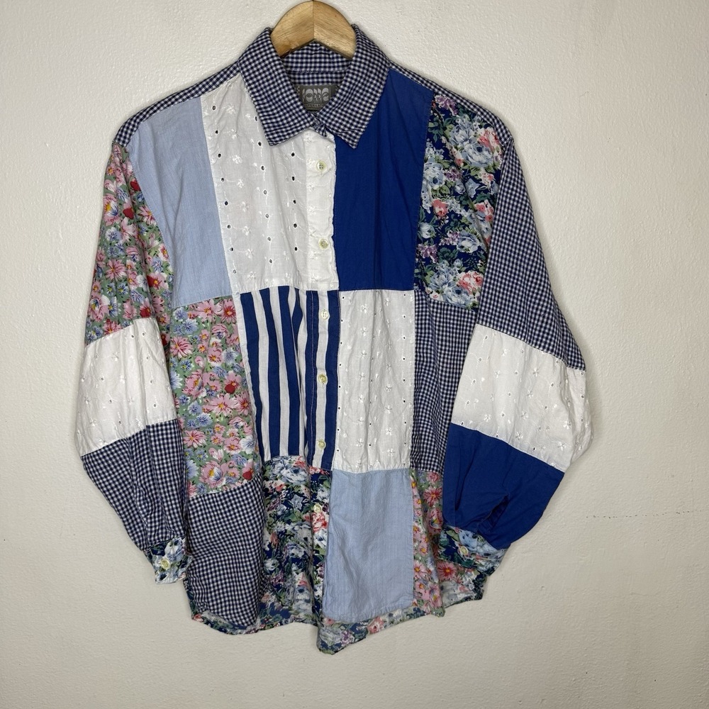 Vintage Sorrel Patchwork Grandmacore Long Sleeve Cottagecore‎ Shirt Medium Blue